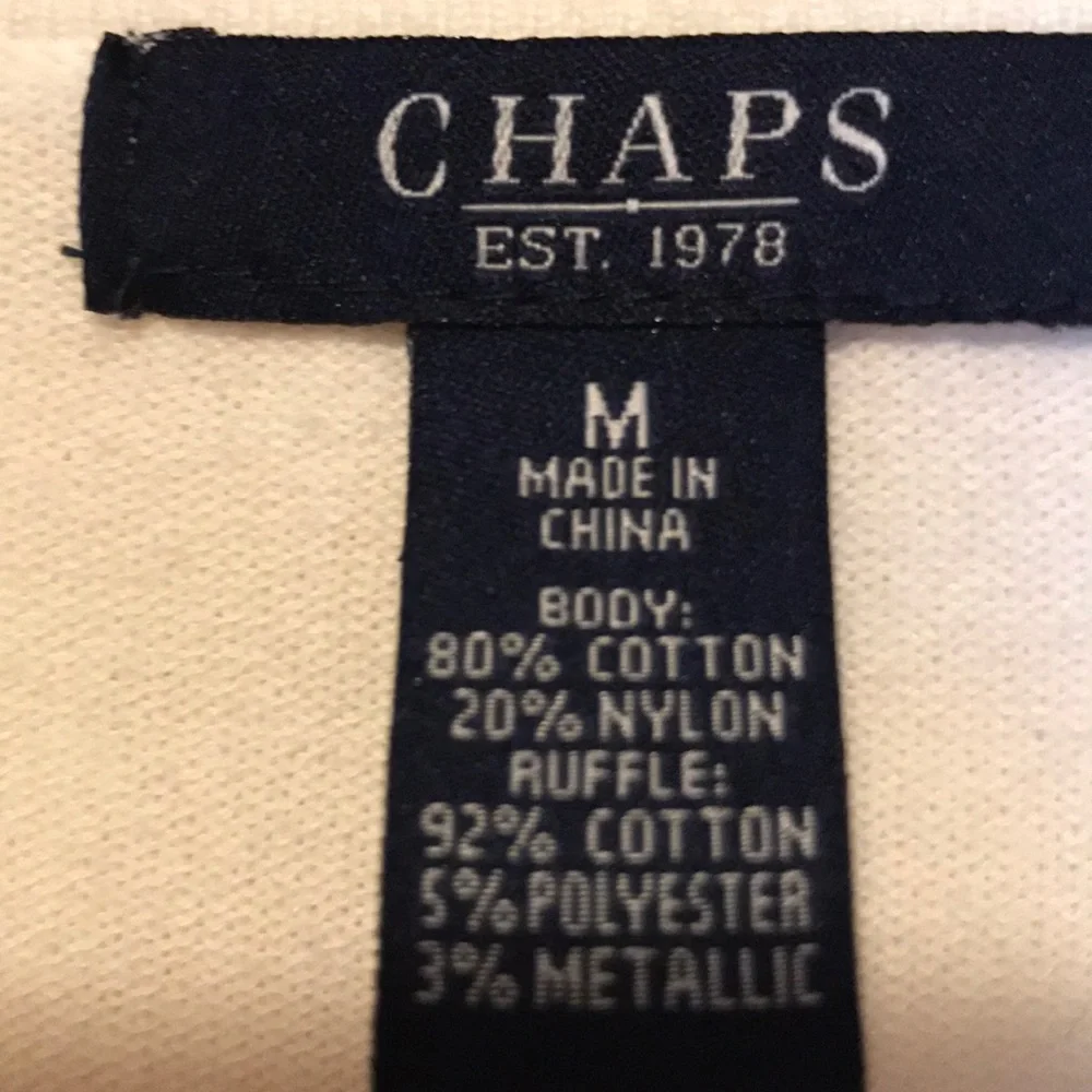 Chaps Ralph Lauren M ivory gold trim v neck ruffle thin knit sweater 3/4 sleeve